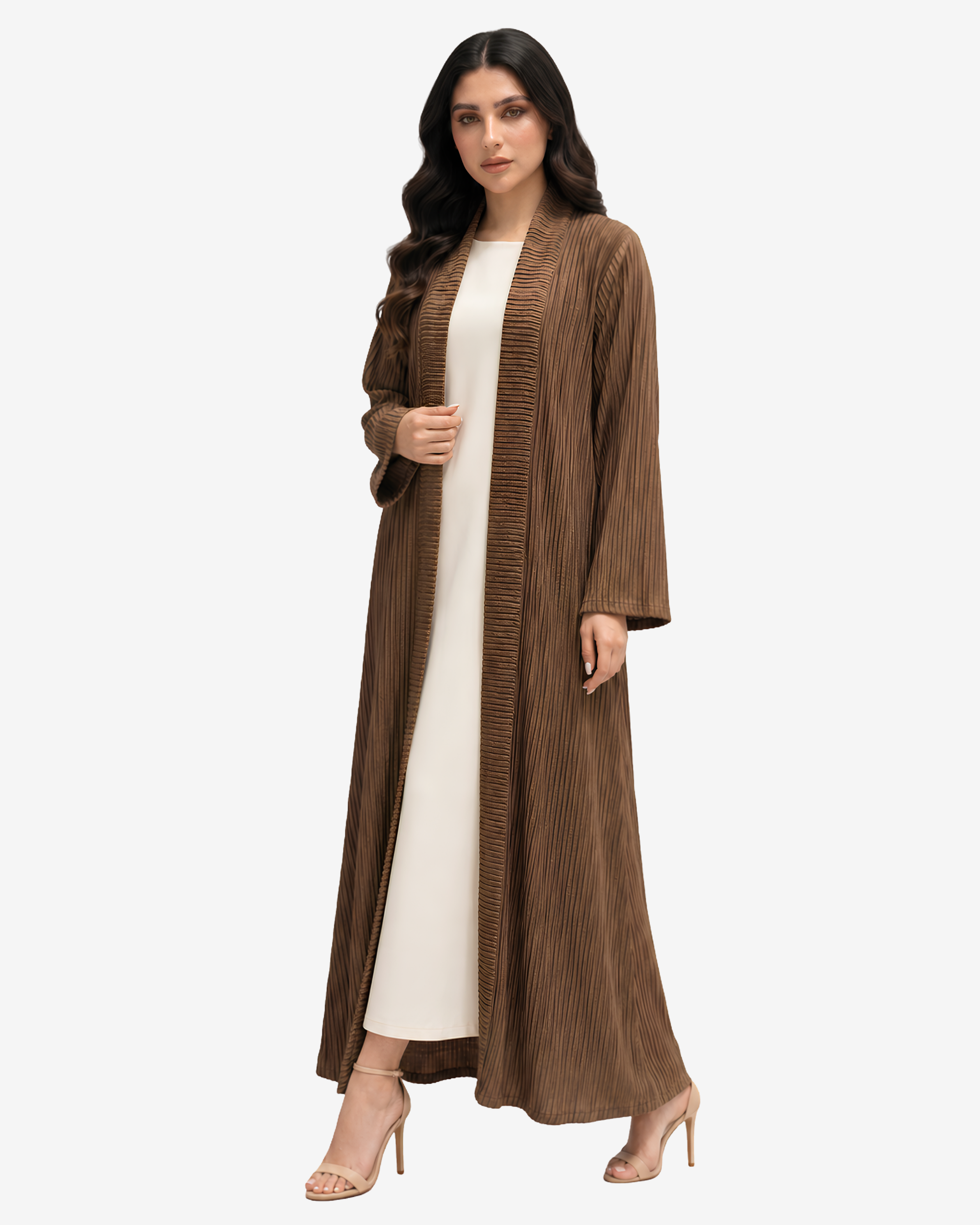 Premium mocha open-front pleated abaya by Gharza Couture layered over an inner dress for a refined modest fashion look.