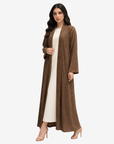 Premium mocha open-front pleated abaya by Gharza Couture layered over an inner dress for a refined modest fashion look.