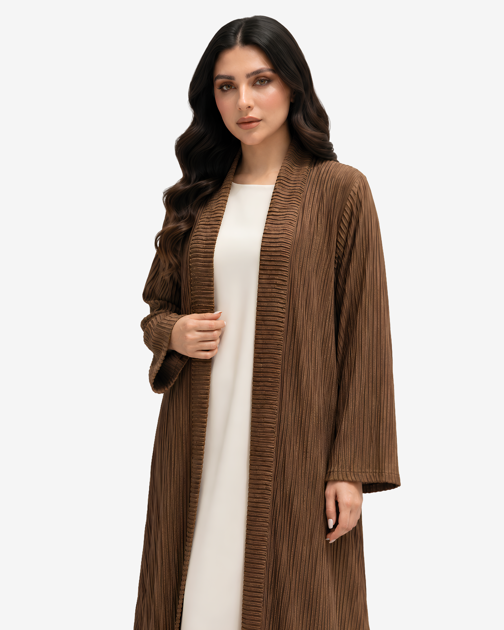 Close-up of the Mocha Pleated Open Crepe Abaya highlighting textured pleated crepe fabric and elegant shawl collar detailing.