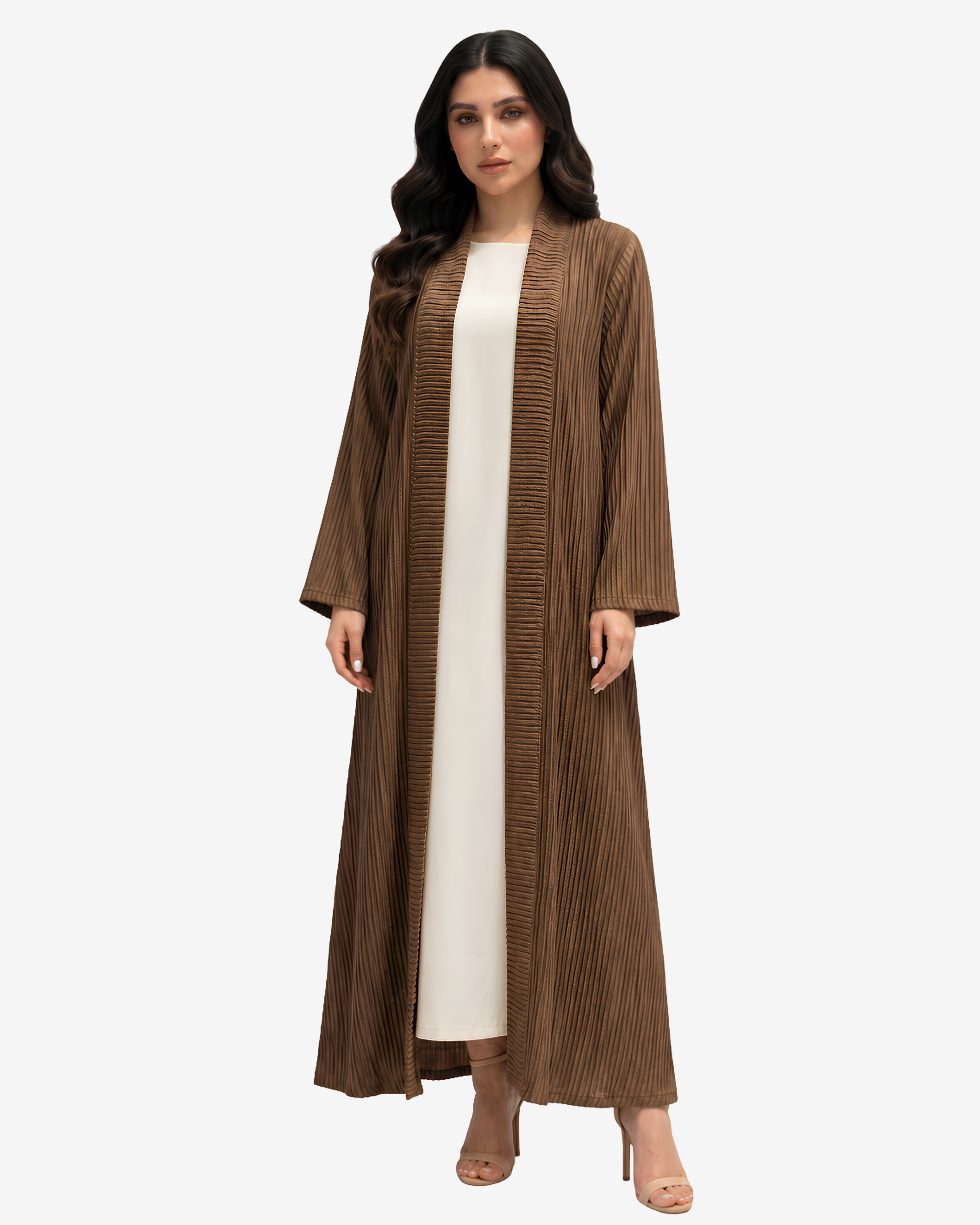 Mocha Pleated Open Crepe Abaya by Gharza Couture featuring premium textured pleated fabric and a flowing full-length modest silhouette.