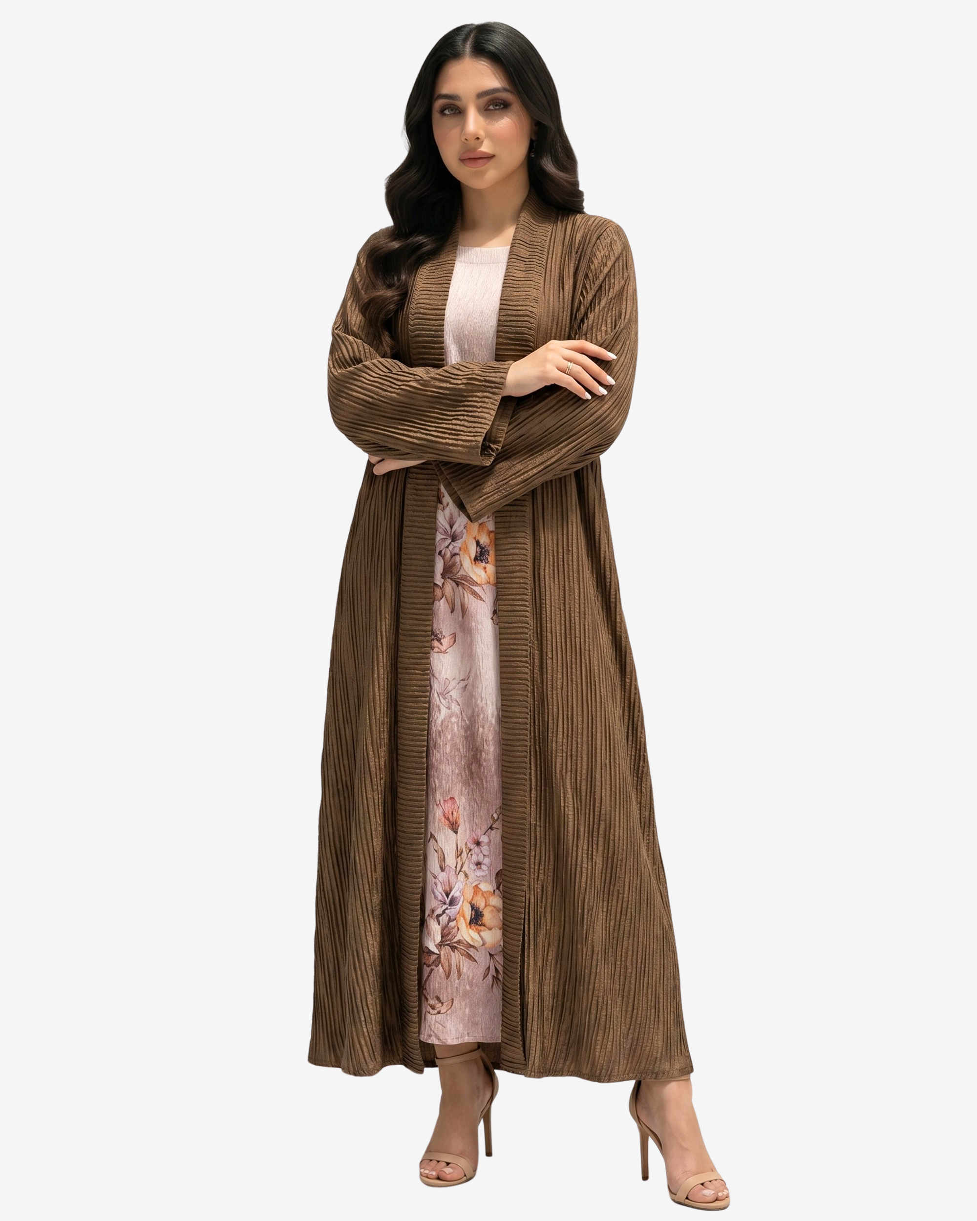 Elegant brown pleated open abaya crafted from premium crepe fabric with a timeless modest silhouette by Gharza Couture.