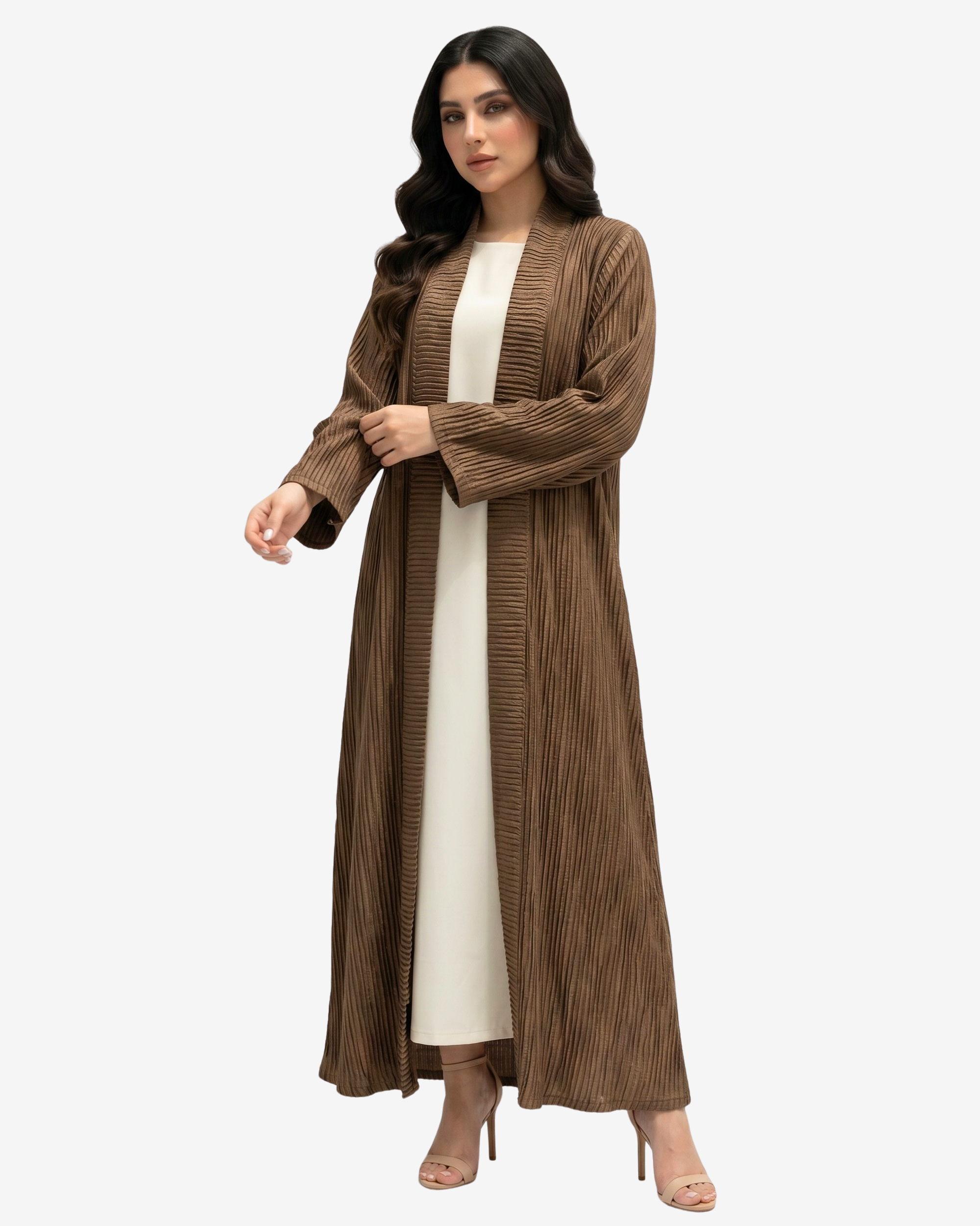 Luxury mocha pleated crepe abaya by Gharza Couture with an elegant open-front design and lightweight textured fabric.