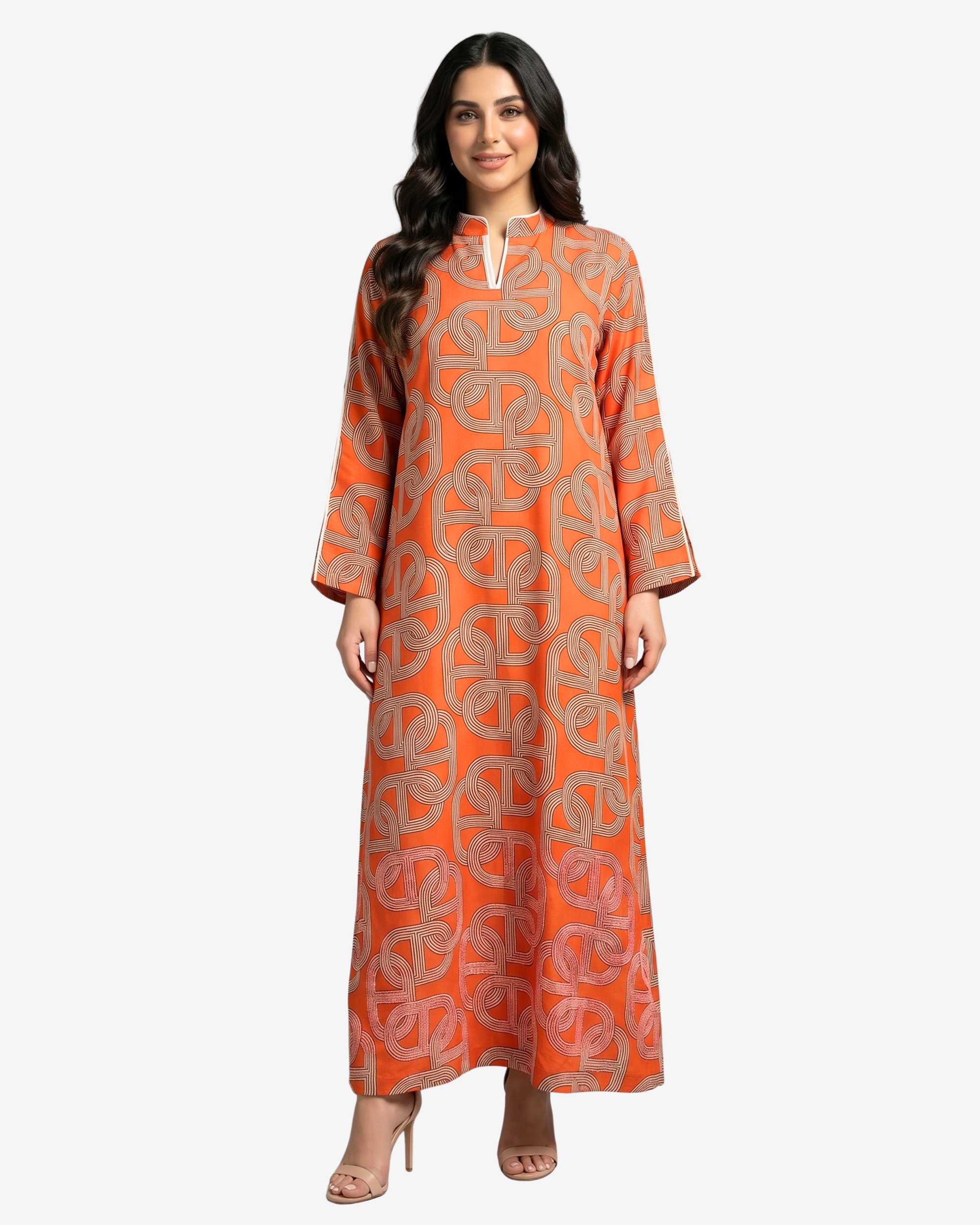 Full-length Monarch Link Hand Embellished Linen Blend Jalabiya with contemporary geometric print, handcrafted embellishment, and timeless luxury modest style by Gharza Couture.