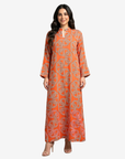 Full-length Monarch Link Hand Embellished Linen Blend Jalabiya with contemporary geometric print, handcrafted embellishment, and timeless luxury modest style by Gharza Couture.