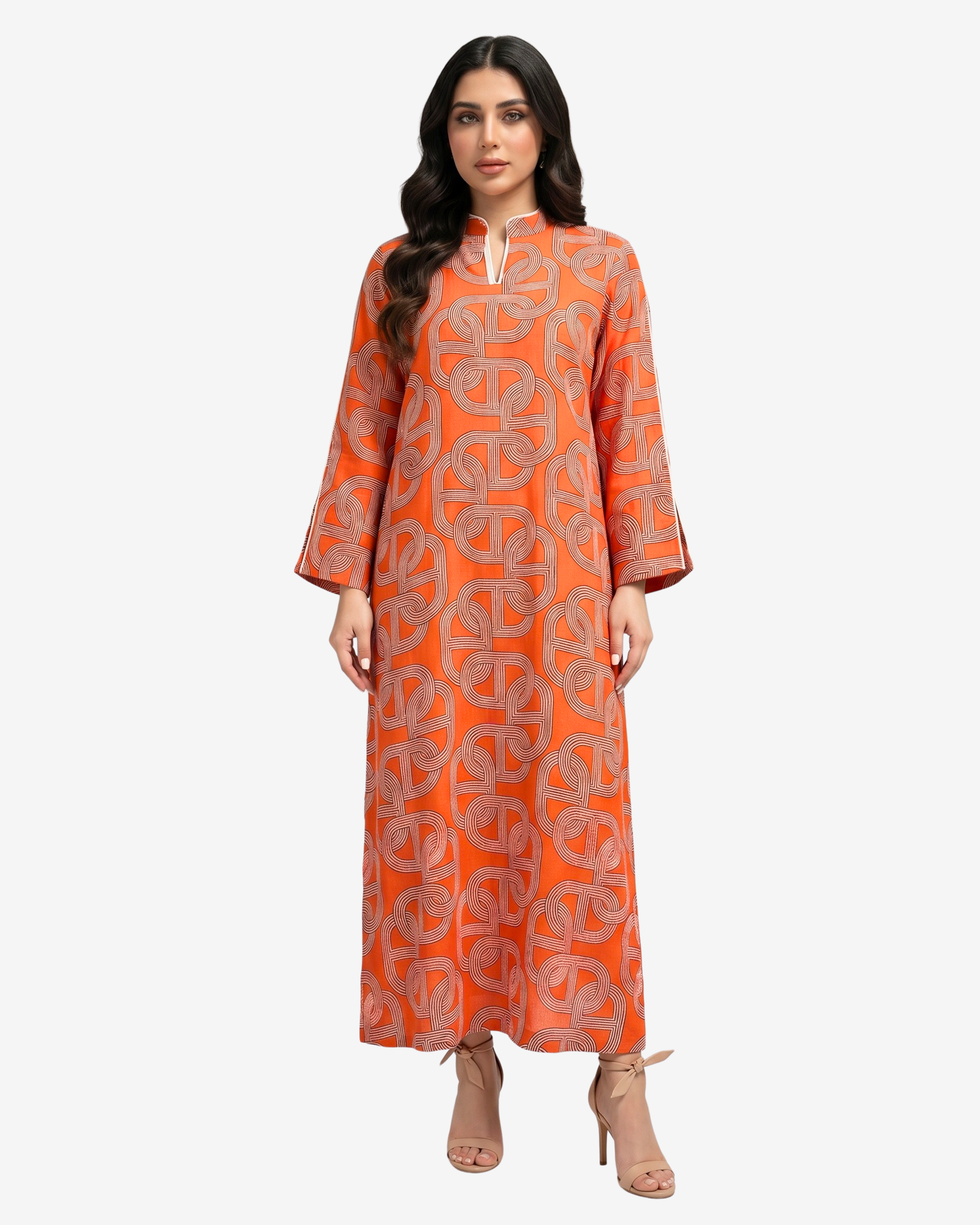 Three-quarter view of the Monarch Link Hand Embellished Linen Blend Jalabiya highlighting the bold geometric pattern, handcrafted neckline embellishment, and flowing silhouette.