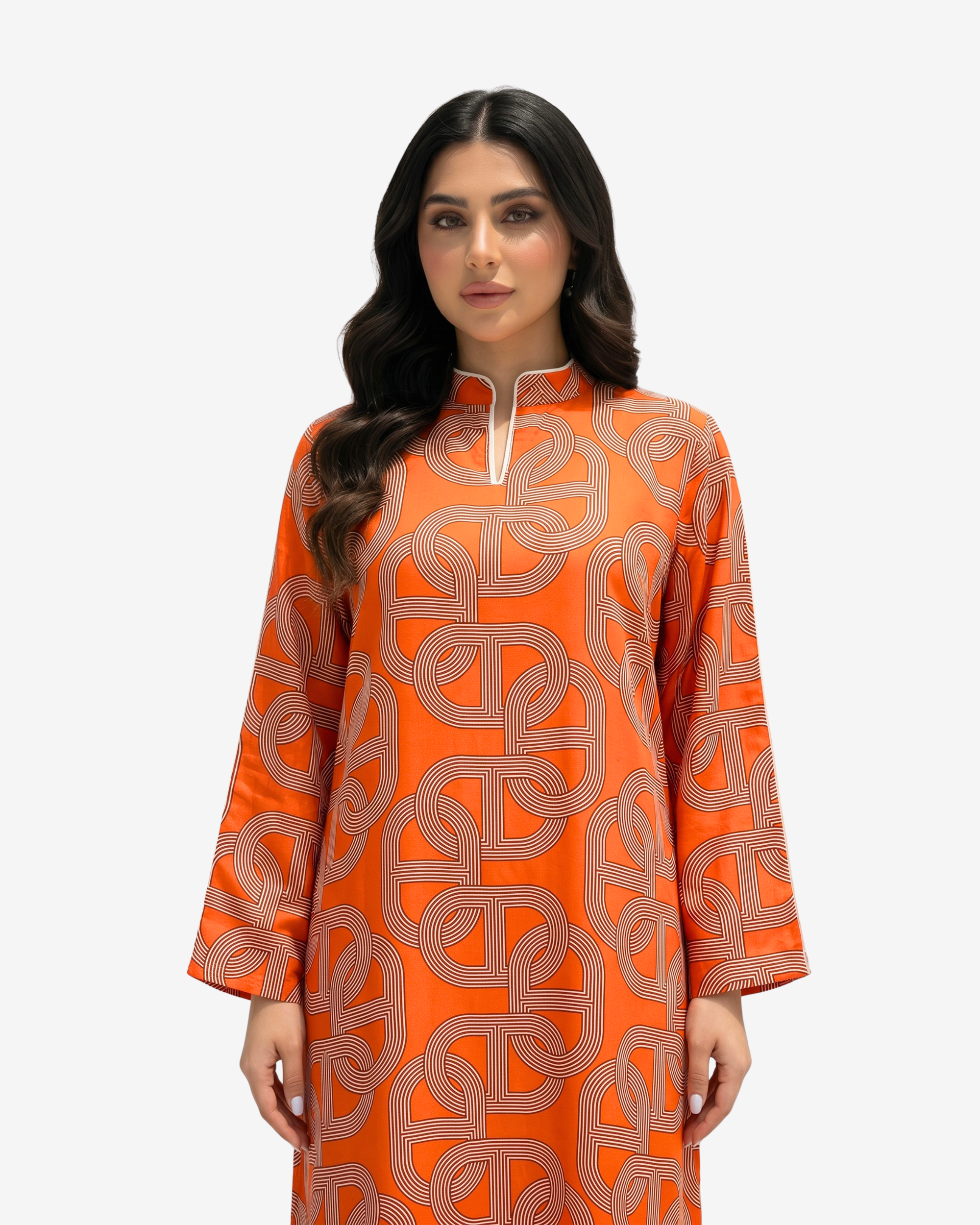Close-up of the handcrafted embellished neckline on the Monarch Link Linen Blend Jalabiya featuring the signature geometric print and premium craftsmanship by Gharza Couture.