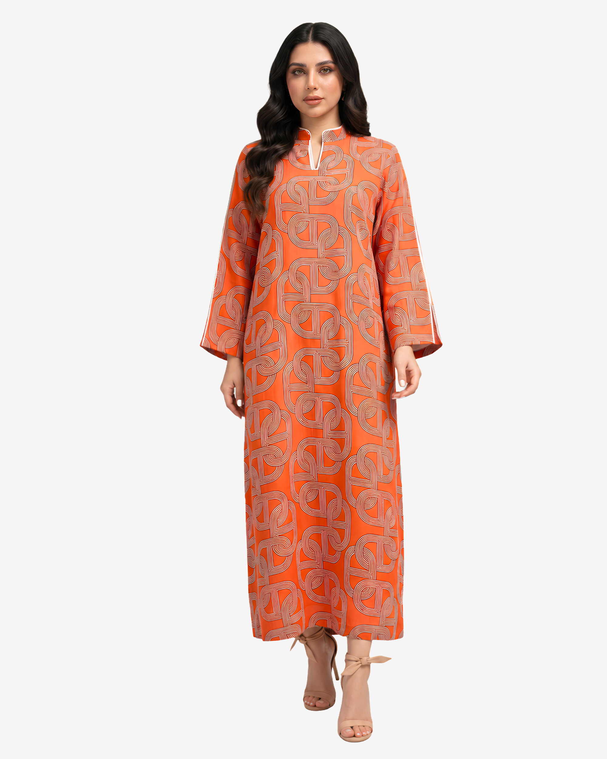 Monarch Link Hand Embellished Linen Blend Jalabiya by Gharza Couture featuring a vibrant orange geometric print, handcrafted embellished neckline, and elegant full-length modest silhouette.