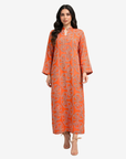 Monarch Link Hand Embellished Linen Blend Jalabiya by Gharza Couture featuring a vibrant orange geometric print, handcrafted embellished neckline, and elegant full-length modest silhouette.