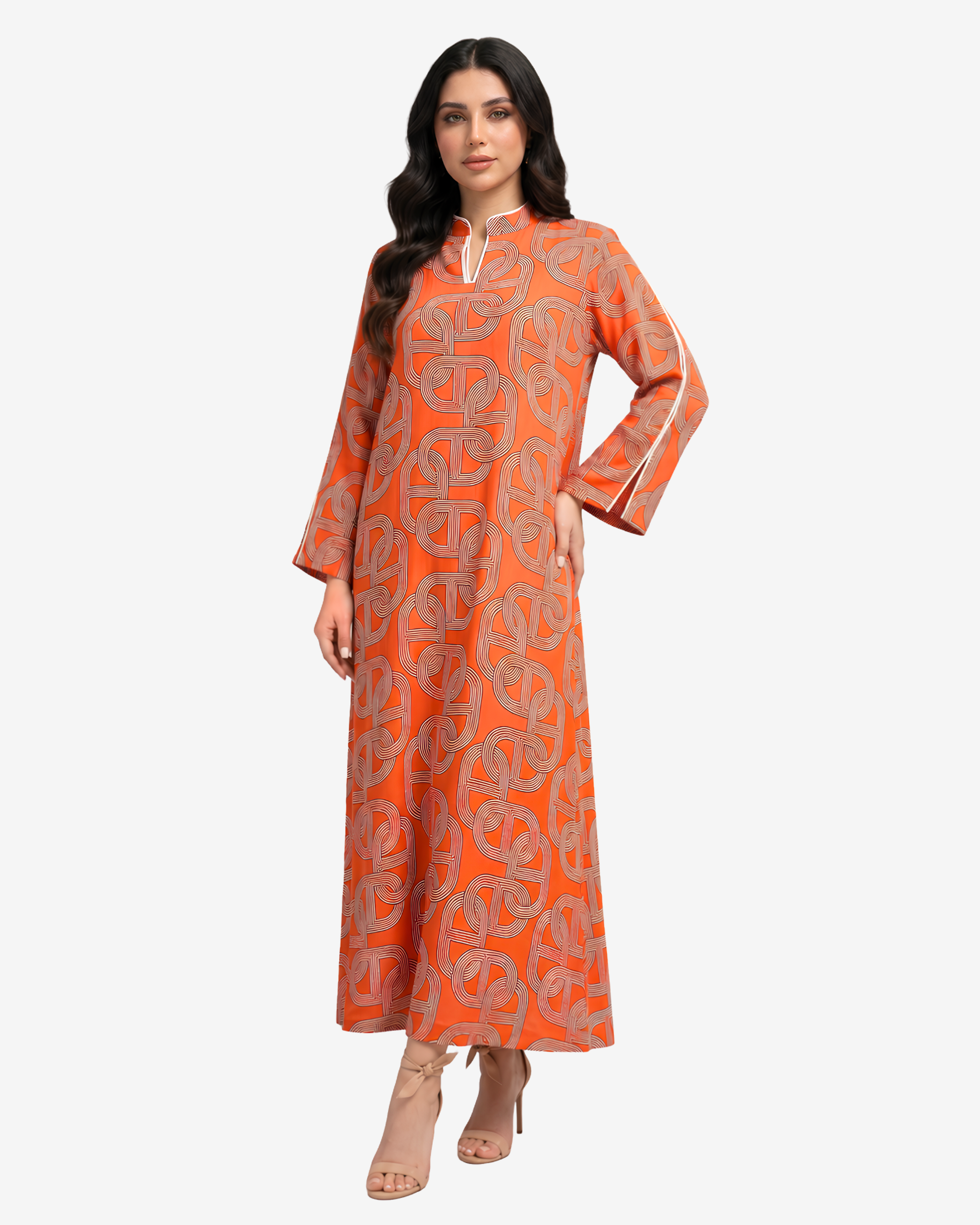 Front view of the Monarch Link Hand Embellished Linen Blend Jalabiya showcasing the signature geometric chain print, premium linen blend fabric, and relaxed modest fit.