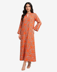 Front view of the Monarch Link Hand Embellished Linen Blend Jalabiya showcasing the signature geometric chain print, premium linen blend fabric, and relaxed modest fit.