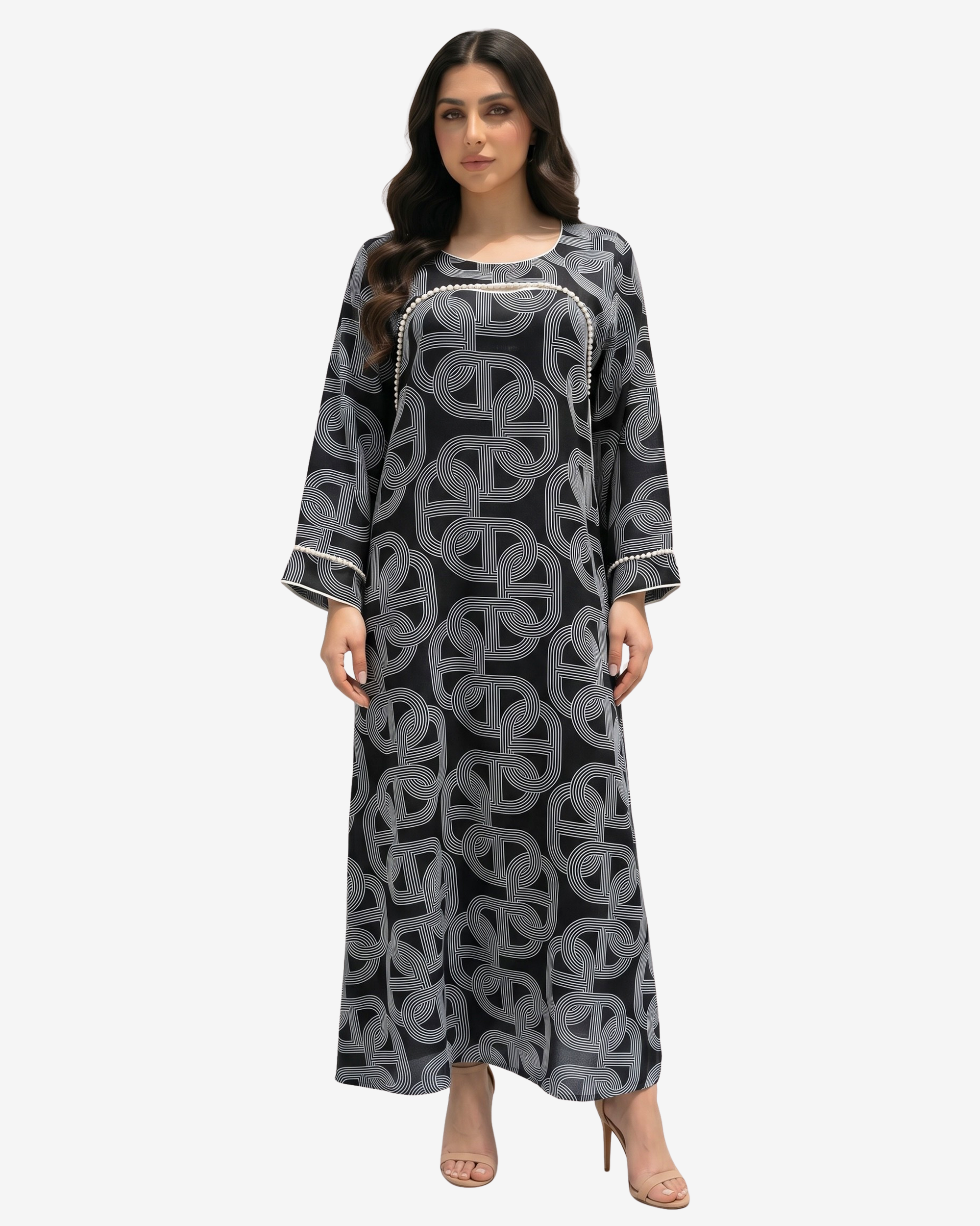 Monarch Link Pearl Trim Linen Blend Jalabiya in black by Gharza Couture featuring pearl trim, geometric print and modest full-length silhouette.