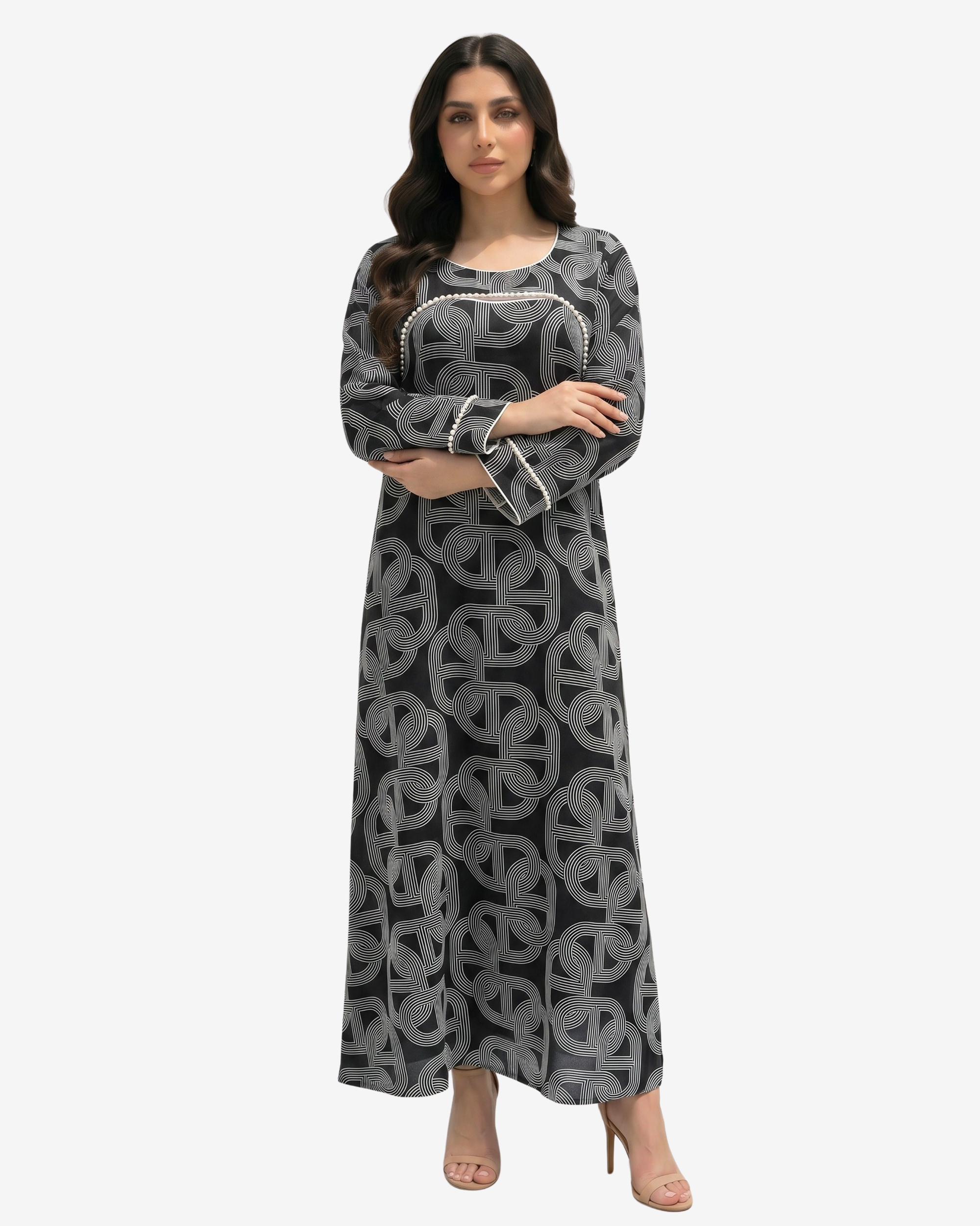 Front view of the black Monarch Link Pearl Trim Linen Blend Jalabiya by Gharza Couture with relaxed modest silhouette and pearl detailing.