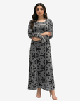 Front view of the black Monarch Link Pearl Trim Linen Blend Jalabiya by Gharza Couture with relaxed modest silhouette and pearl detailing.