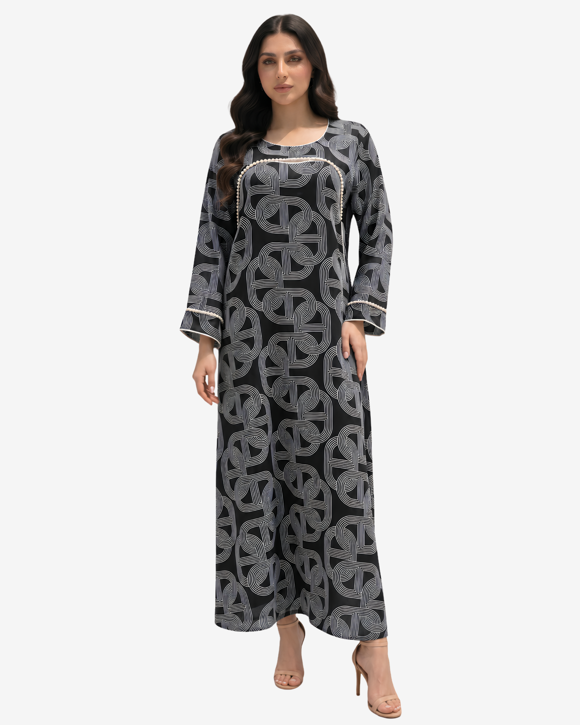 Three-quarter view of Monarch Link black geometric print modest jalabiya
