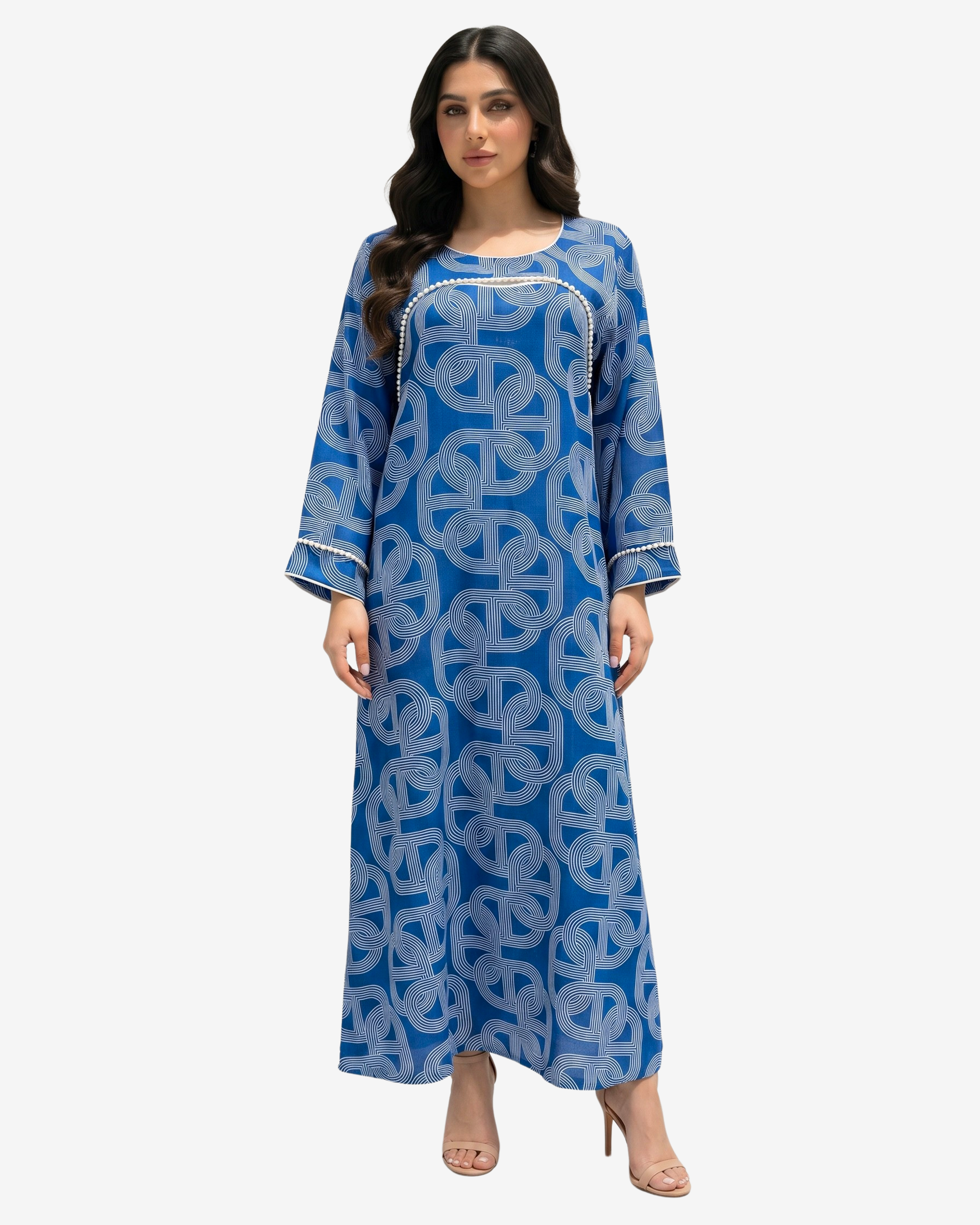 Royal blue Monarch Link Pearl Trim Linen Blend Jalabiya by Gharza Couture with geometric print and elegant pearl trim detailing.