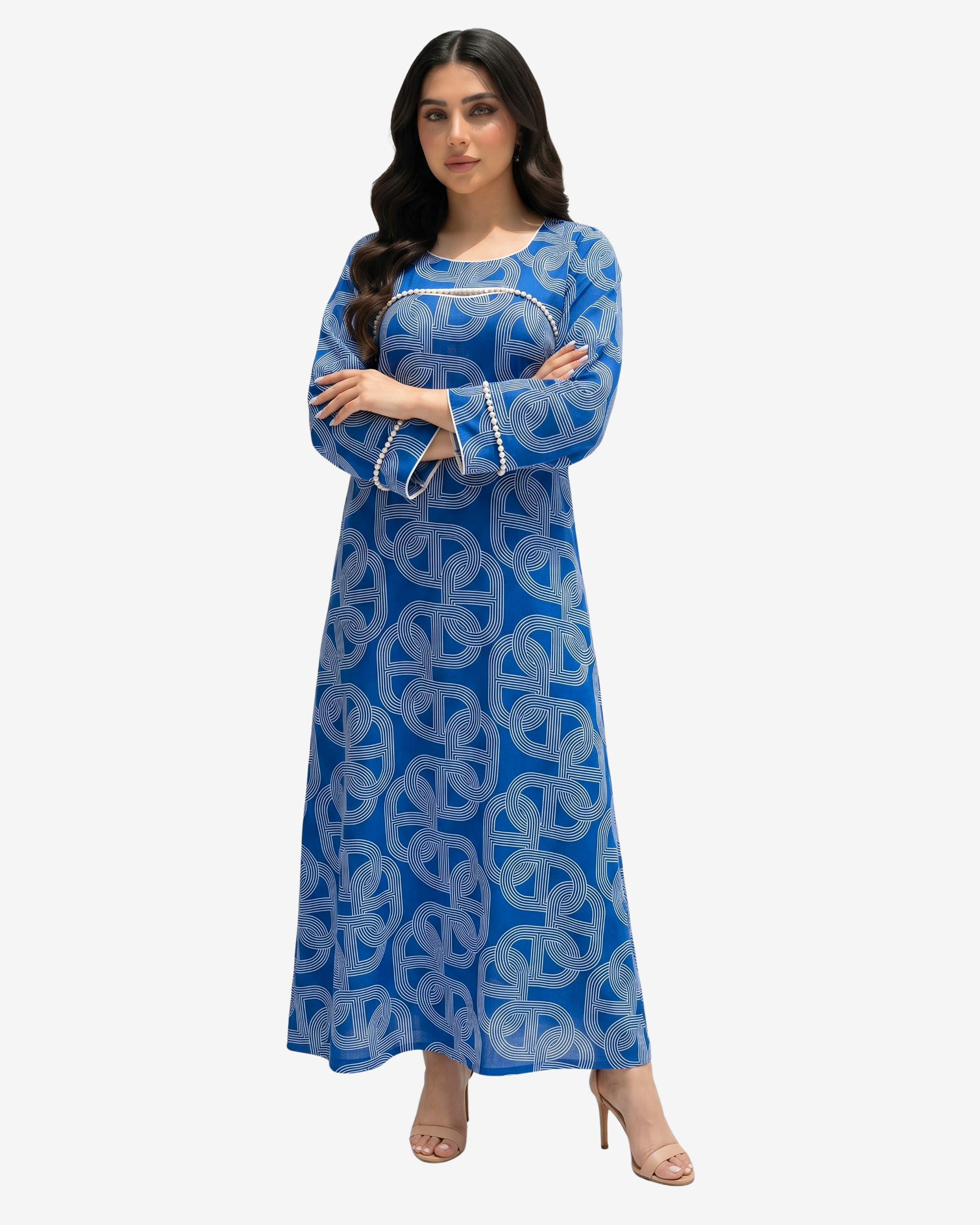 Front view of the royal blue Monarch Link Pearl Trim Linen Blend Jalabiya by Gharza Couture in breathable premium linen blend.