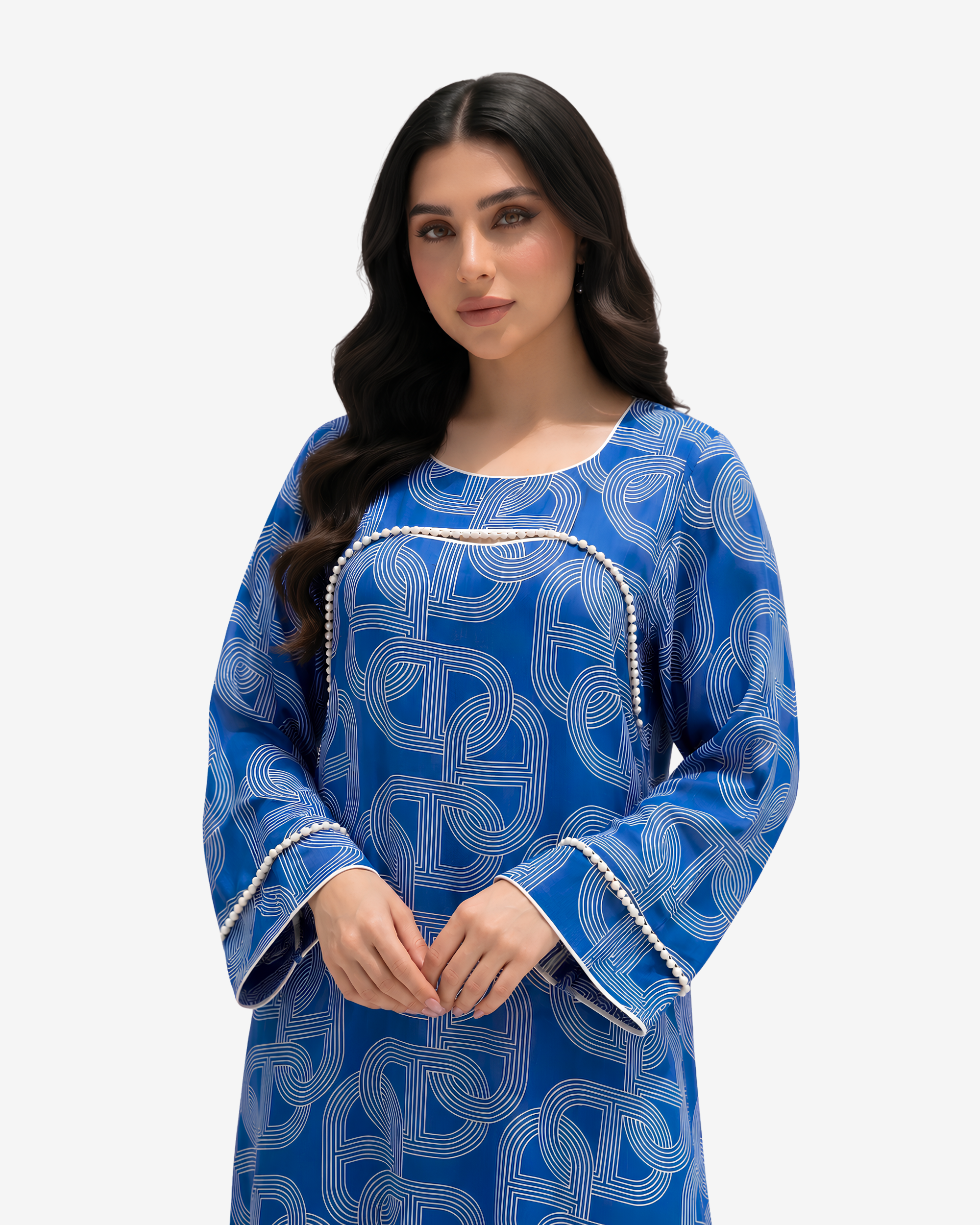 Close-up of Monarch Link pearl trim detail on royal blue geometric linen blend jalabiya