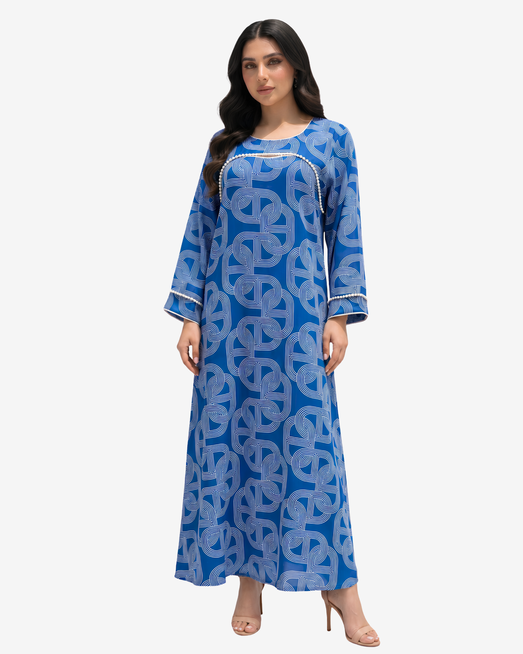 Three-quarter view of Monarch Link royal blue geometric print modest jalabiya