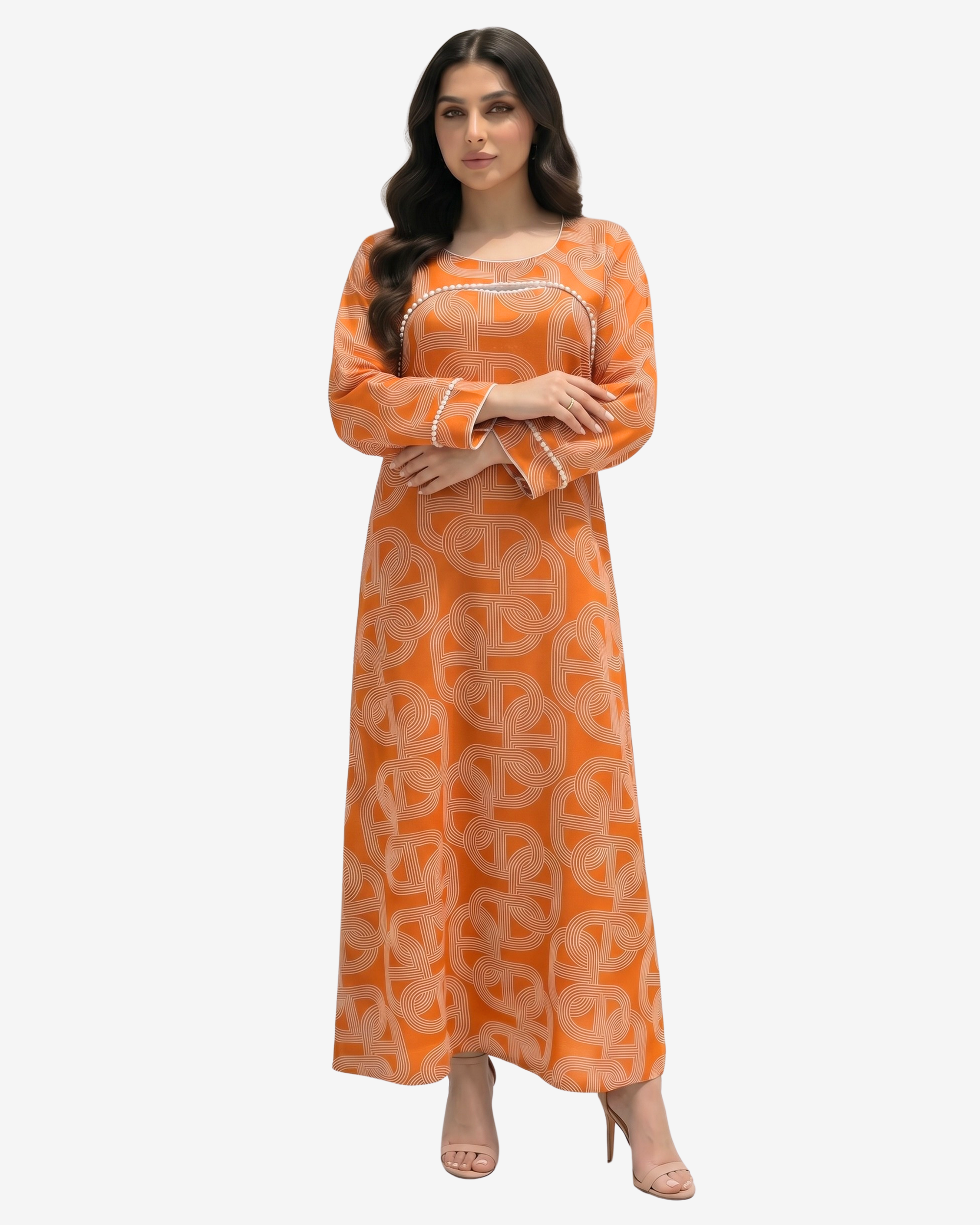 Front view of the orange Monarch Link Pearl Trim Linen Blend Jalabiya by Gharza Couture with elegant pearl trim and full-length design.