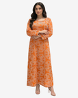 Front view of the orange Monarch Link Pearl Trim Linen Blend Jalabiya by Gharza Couture with elegant pearl trim and full-length design.