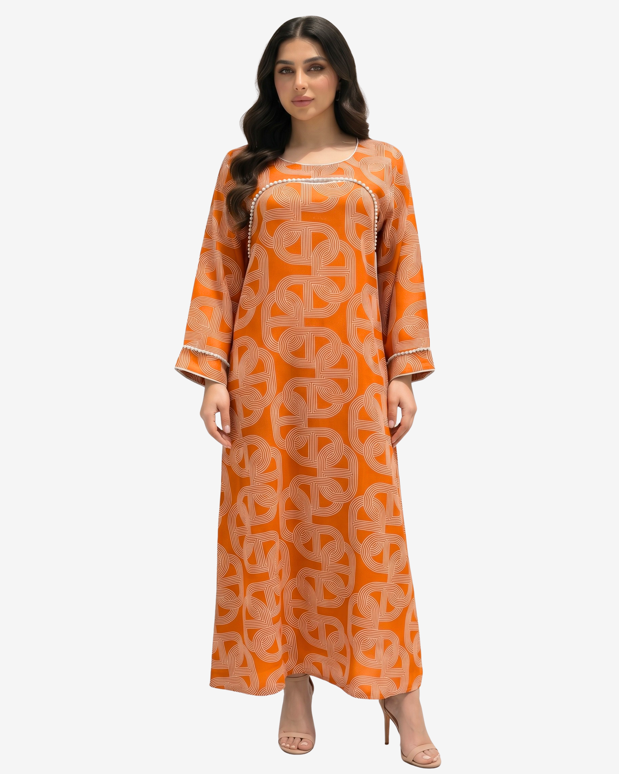 Orange Monarch Link Pearl Trim Linen Blend Jalabiya by Gharza Couture featuring luxury geometric print and pearl trim accents.