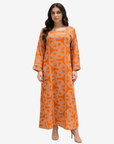 Orange Monarch Link Pearl Trim Linen Blend Jalabiya by Gharza Couture featuring luxury geometric print and pearl trim accents.