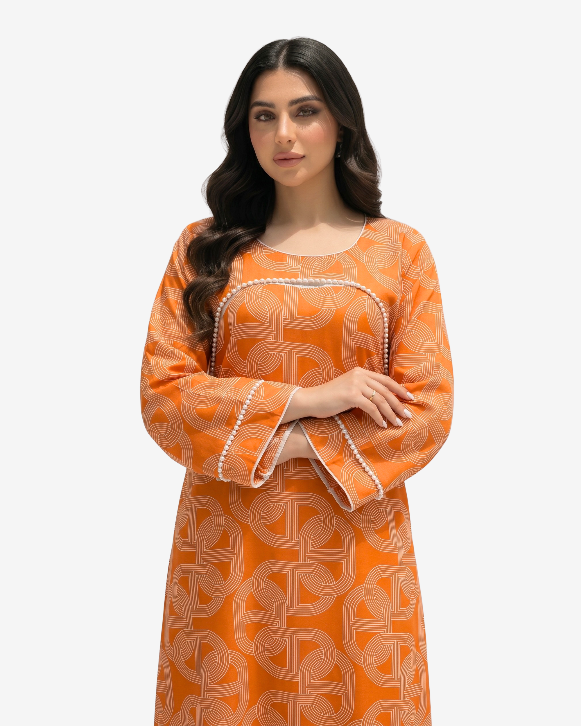 Close-up of Monarch Link pearl trim detail on orange geometric linen blend jalabiya