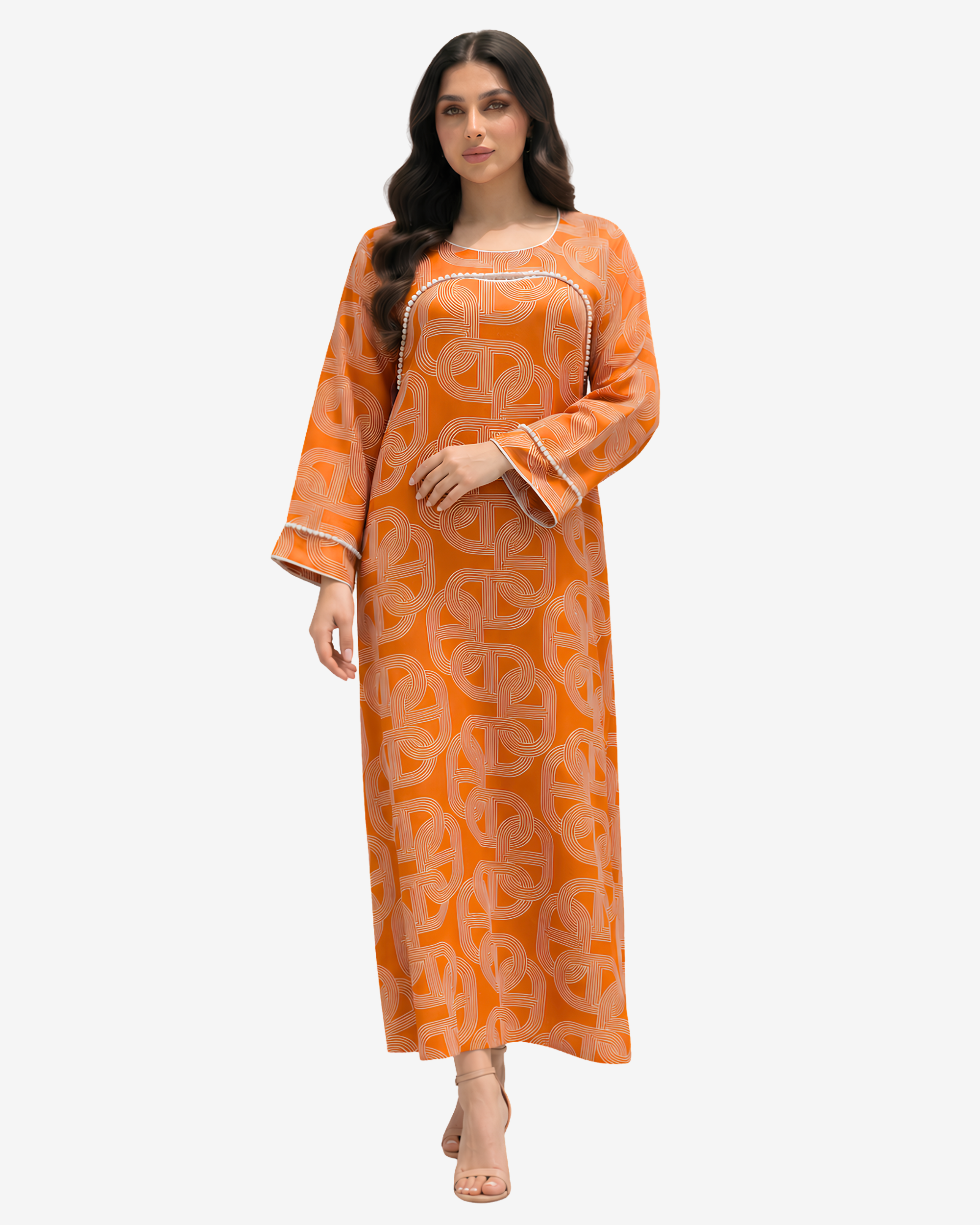 Three-quarter view of Monarch Link orange geometric print modest jalabiya