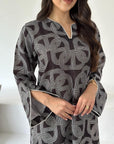 Close-up detail of the geometric print on the Layla Noir Jalabiya