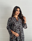 Chain Print Linen Blend Jalabiya Neckline and Leather Piping Detail