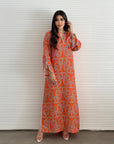 Full length view of Zahara Sunset Jalabiya by Gharza Couture
