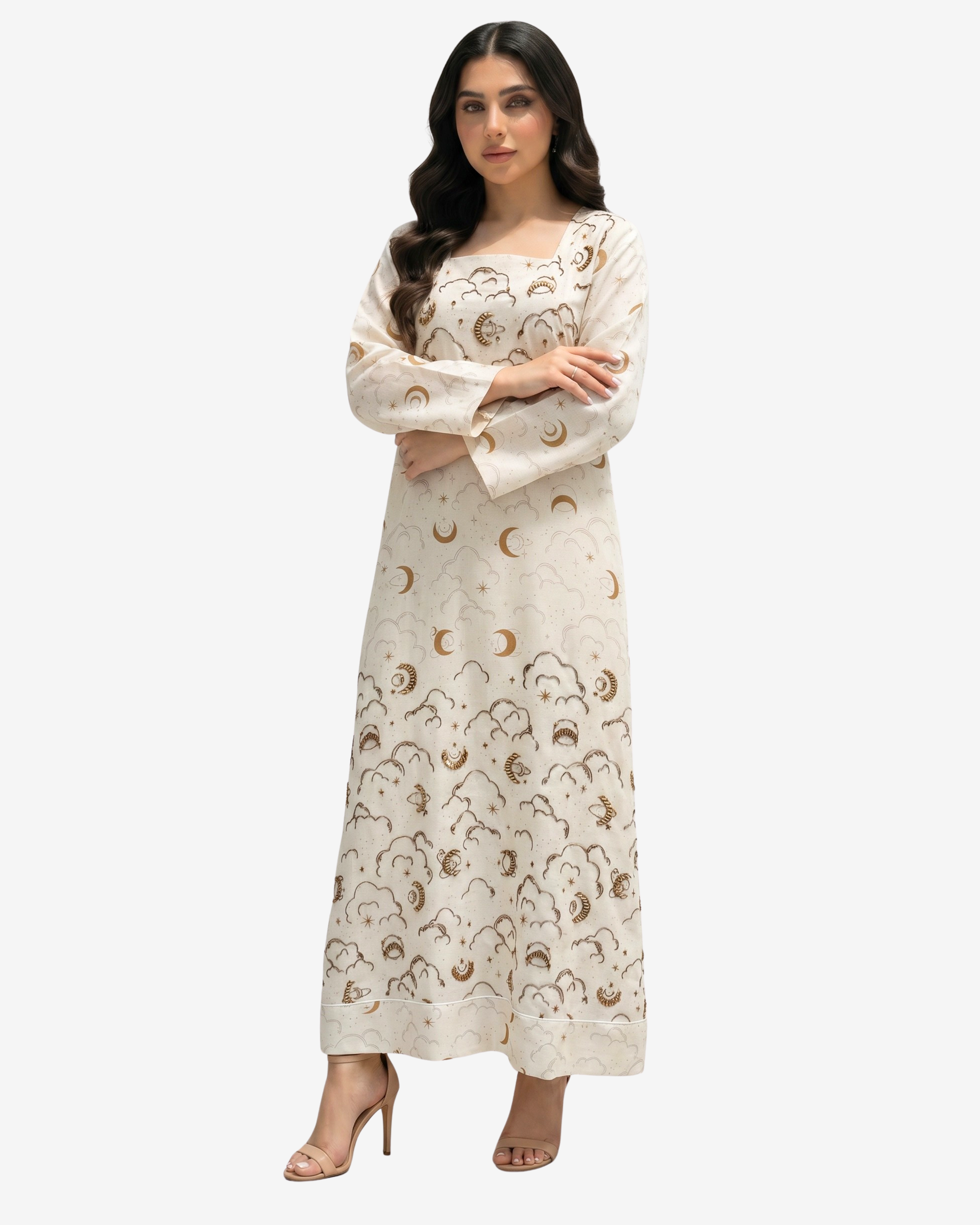 Elegant Moonlit Dreams linen blend jalabiya with square neckline, celestial moon print and breathable modest design by Gharza Couture.