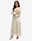 Elegant Moonlit Dreams linen blend jalabiya with square neckline, celestial moon print and breathable modest design by Gharza Couture.