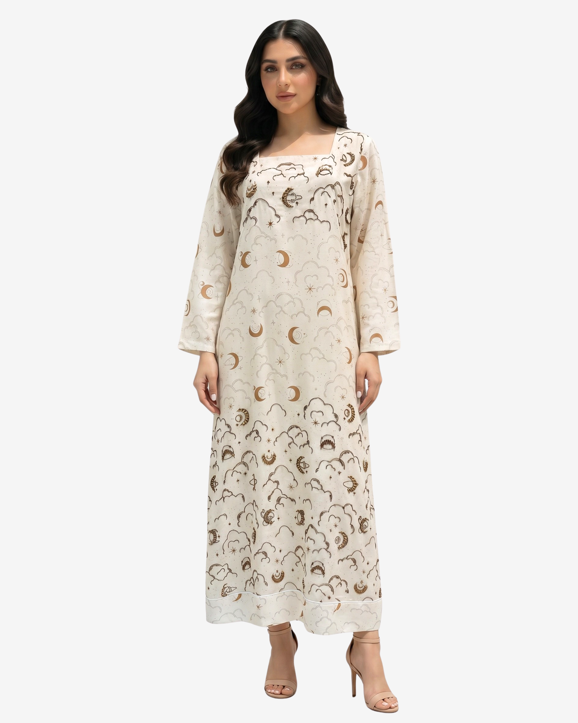 Moonlit Dreams Square Neck Linen Blend Jalabiya by Gharza Couture featuring a celestial moon and cloud print with a modest full-length silhouette.