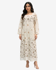 Moonlit Dreams Square Neck Linen Blend Jalabiya by Gharza Couture featuring a celestial moon and cloud print with a modest full-length silhouette.