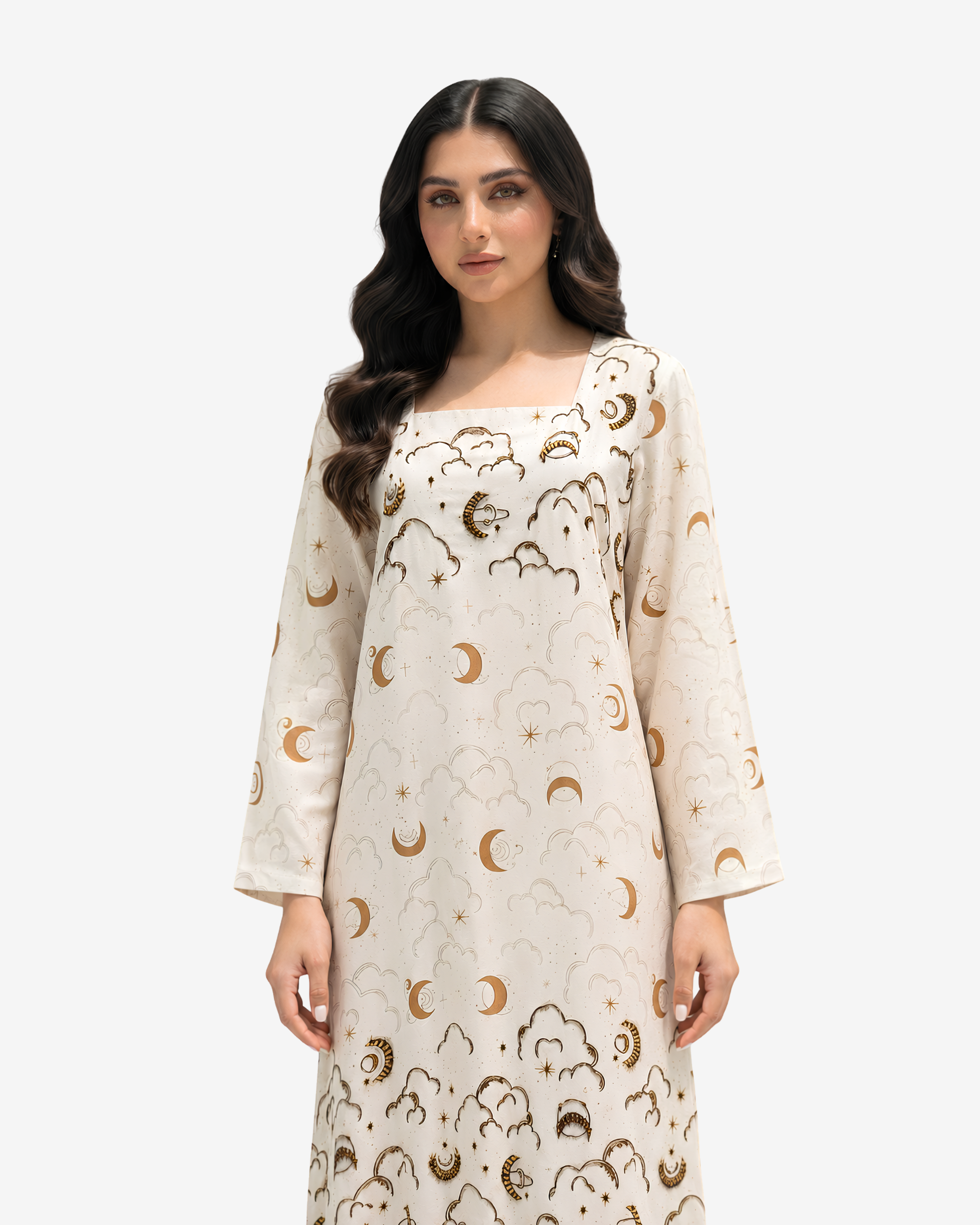 Close-up of the Moonlit Dreams Square Neck Linen Blend Jalabiya highlighting the celestial moon and cloud print and elegant neckline.