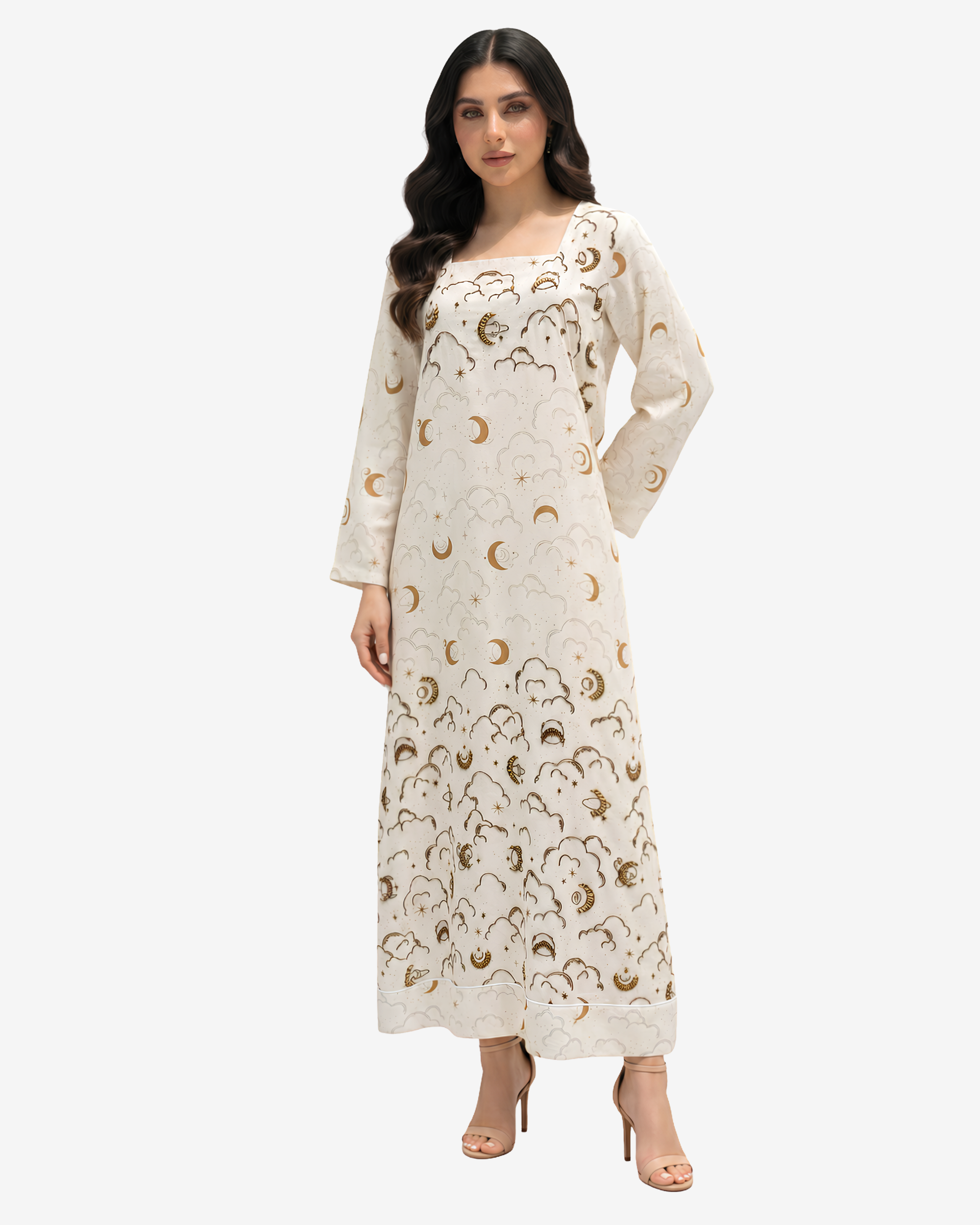 Full-length Moonlit Dreams linen blend jalabiya featuring moon and cloud print, square neckline and relaxed modest fit by Gharza Couture.