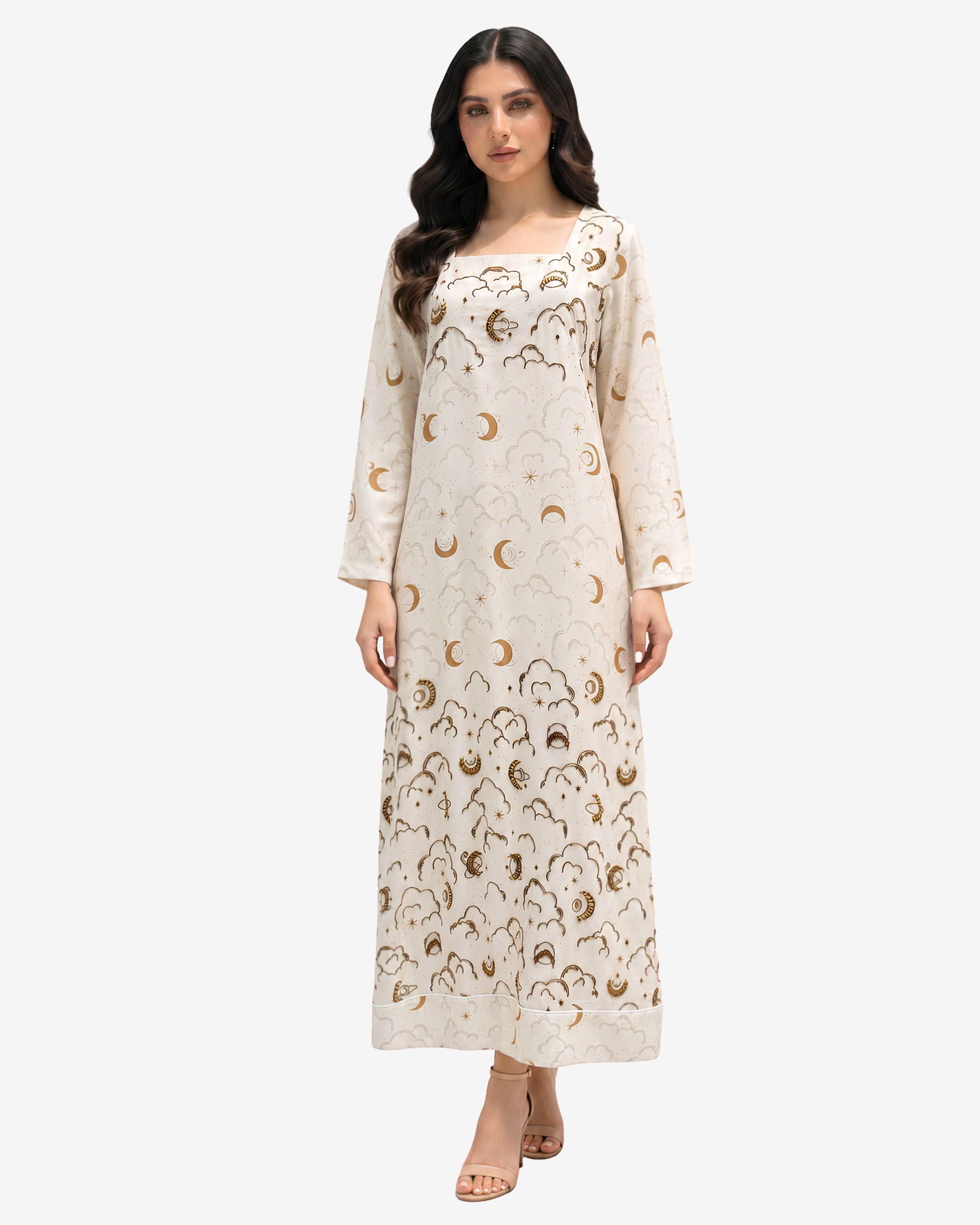Luxury Moonlit Dreams modest linen blend jalabiya with celestial print, flowing silhouette and contemporary square neckline.