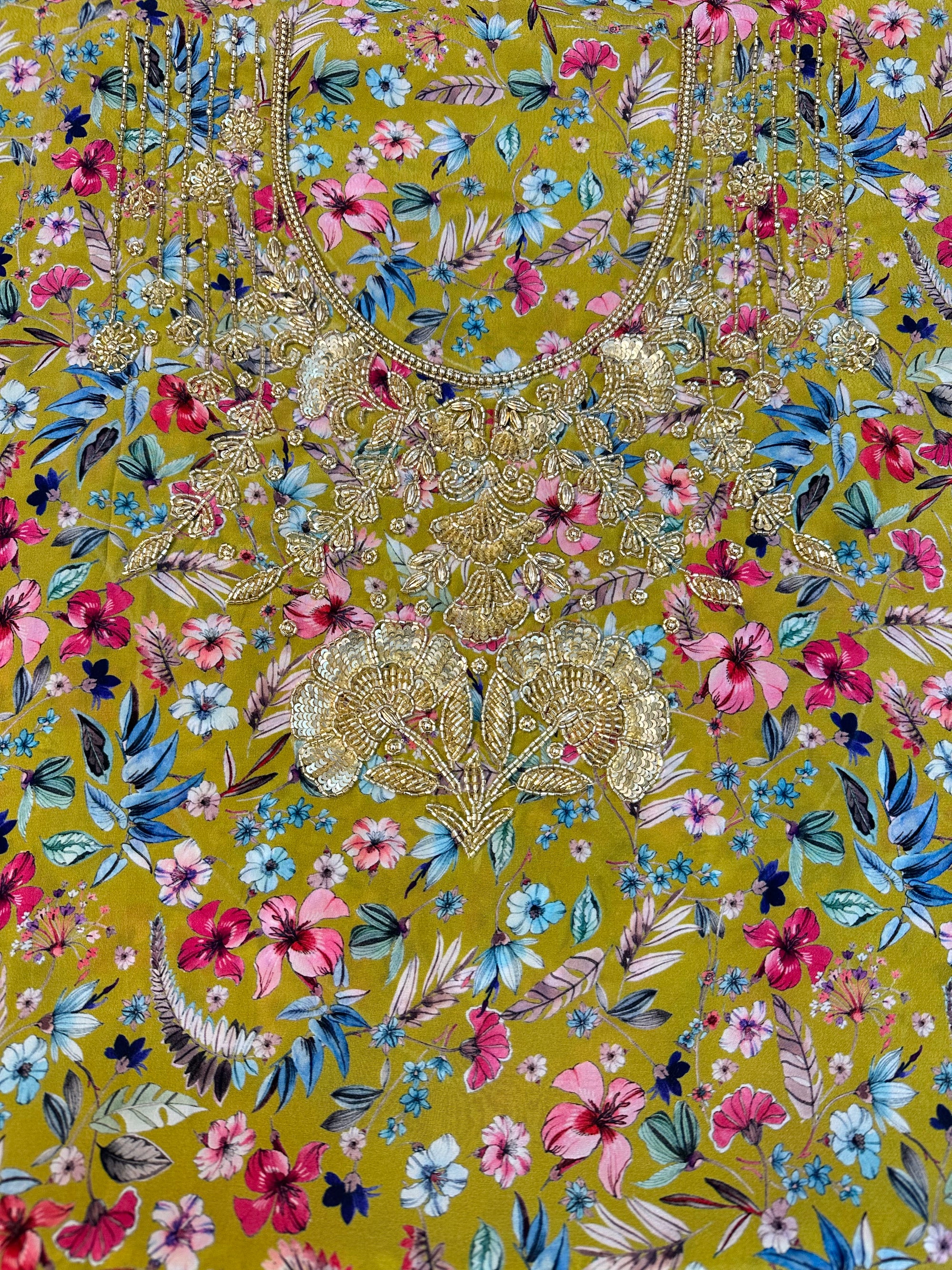 Mustard Wildflower Crepe Mukhawar featuring premium crepe fabric with a luxurious hand-embellished front and vibrant wildflower print by Gharza Couture.