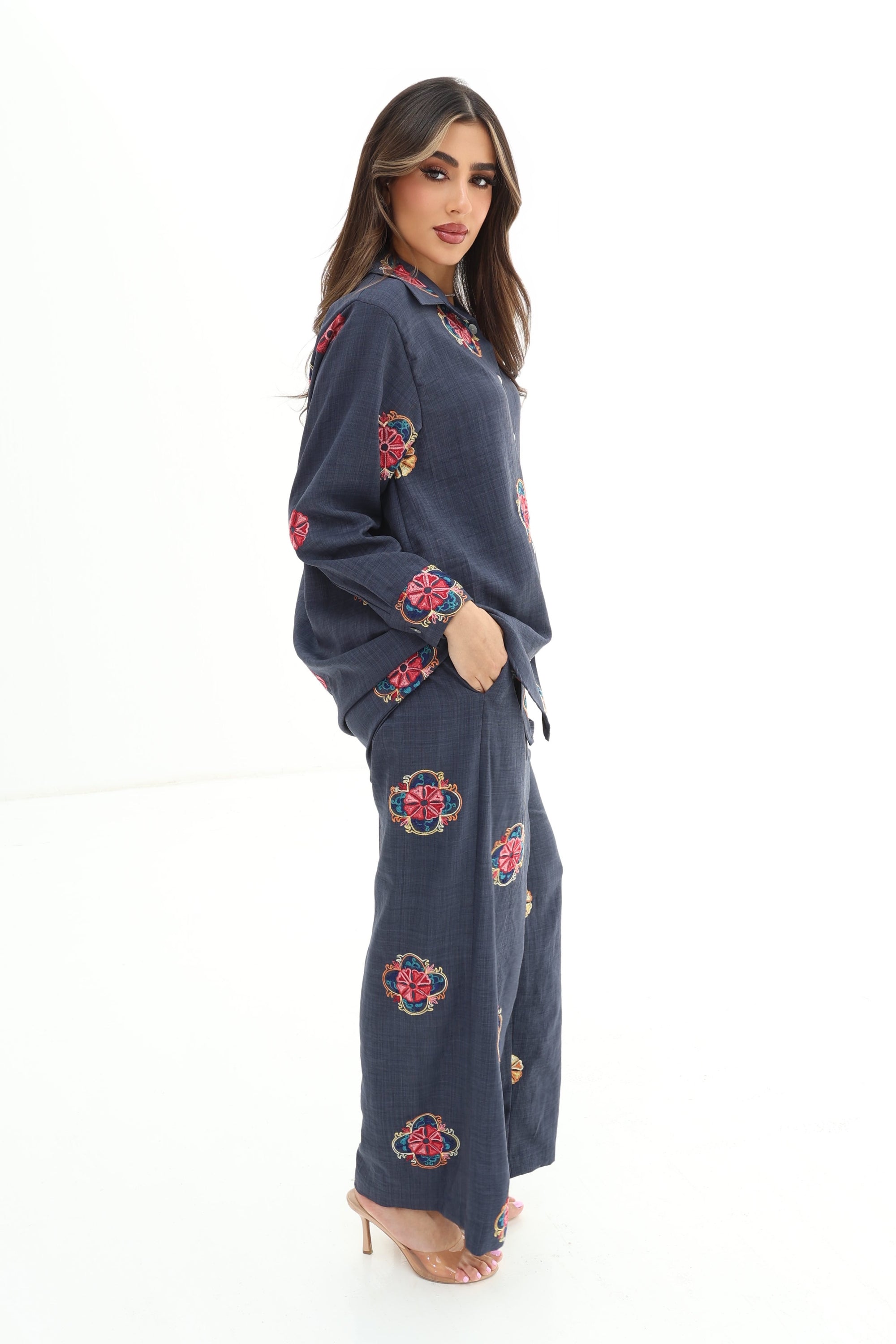 Side profile of the Charcoal Floral Medallion Cotton Mix Co-ord Set highlighting the flowing silhouette and breathable cotton mix fabric.
