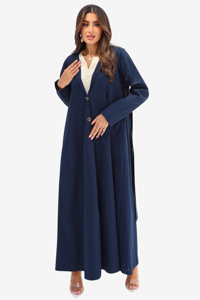 Navy Structured Pleated Abaya with notched lapel and front button closure