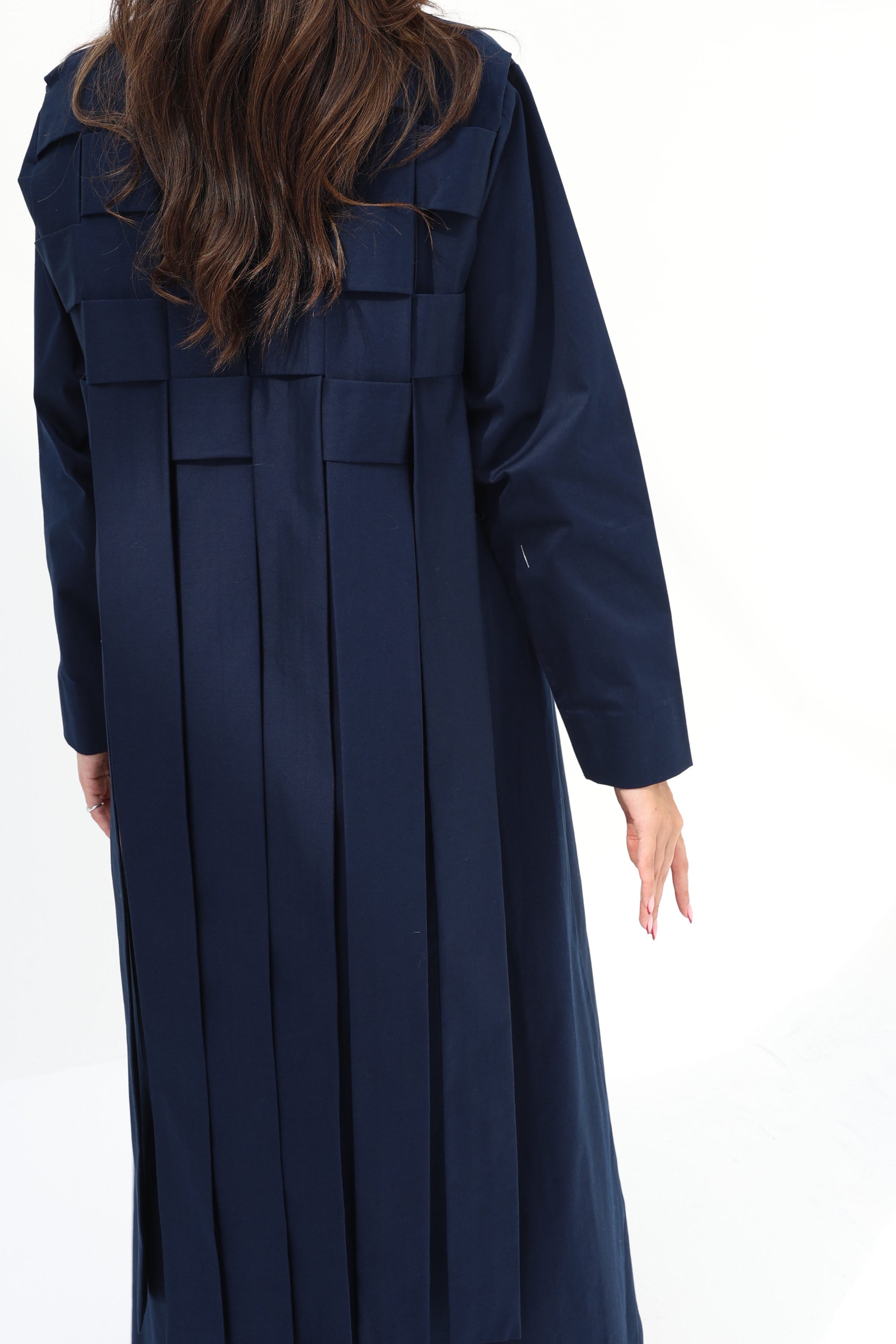 Back view of Navy Structured Pleated Abaya showing the structured upper design and pleats