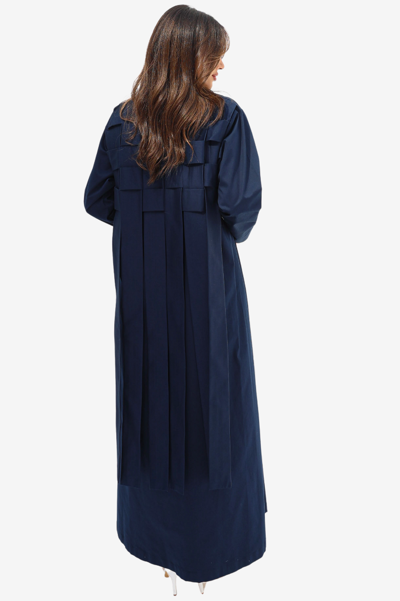 Full-length back view of Navy Structured Pleated Abaya with flowing pleated panels