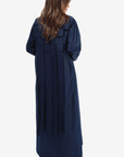 Full-length back view of Navy Structured Pleated Abaya with flowing pleated panels