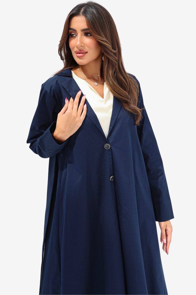Front view of Navy Structured Pleated Abaya showing its tailored silhouette