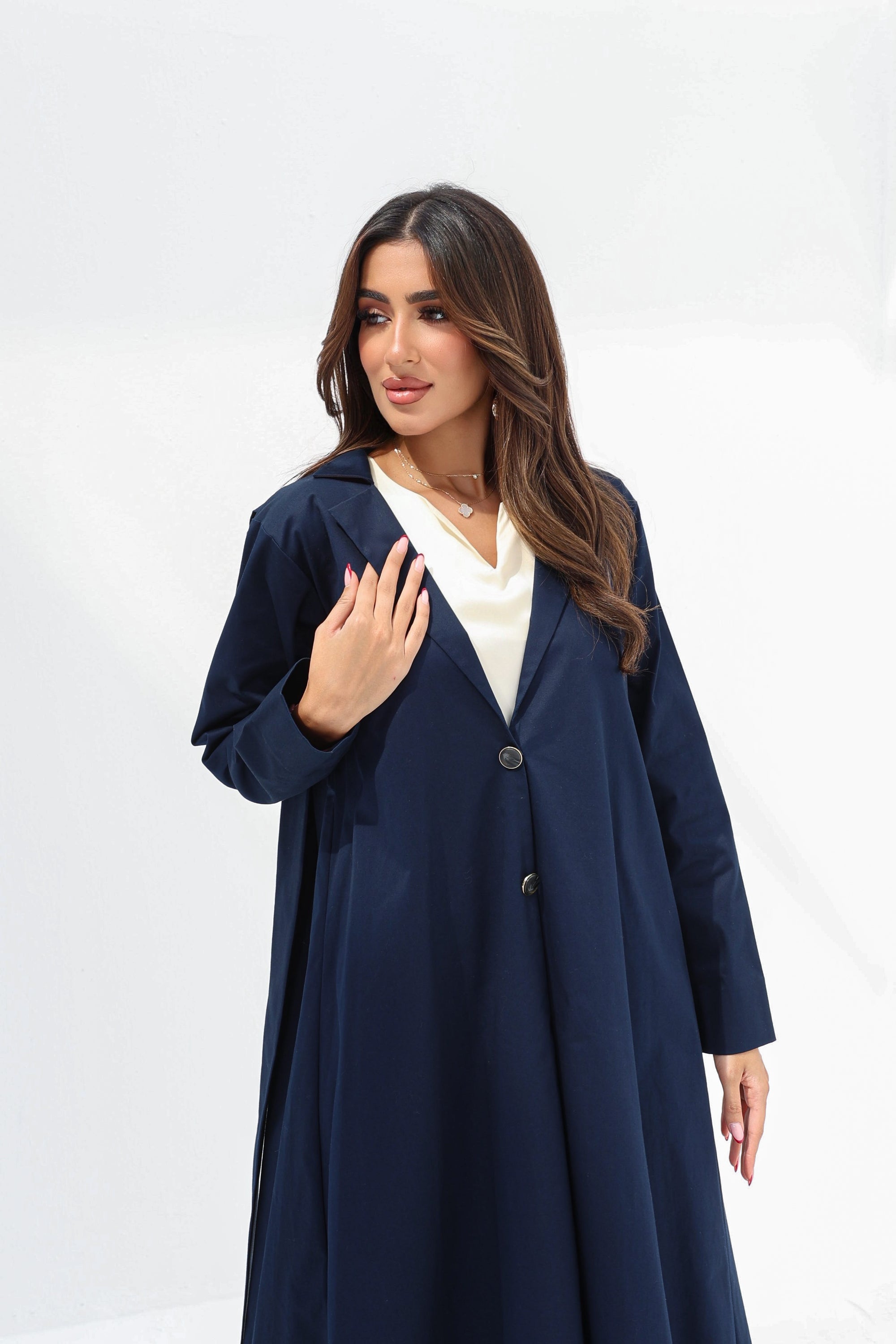 Navy Structured Pleated Abaya showing the blazer-inspired collar and long sleeves