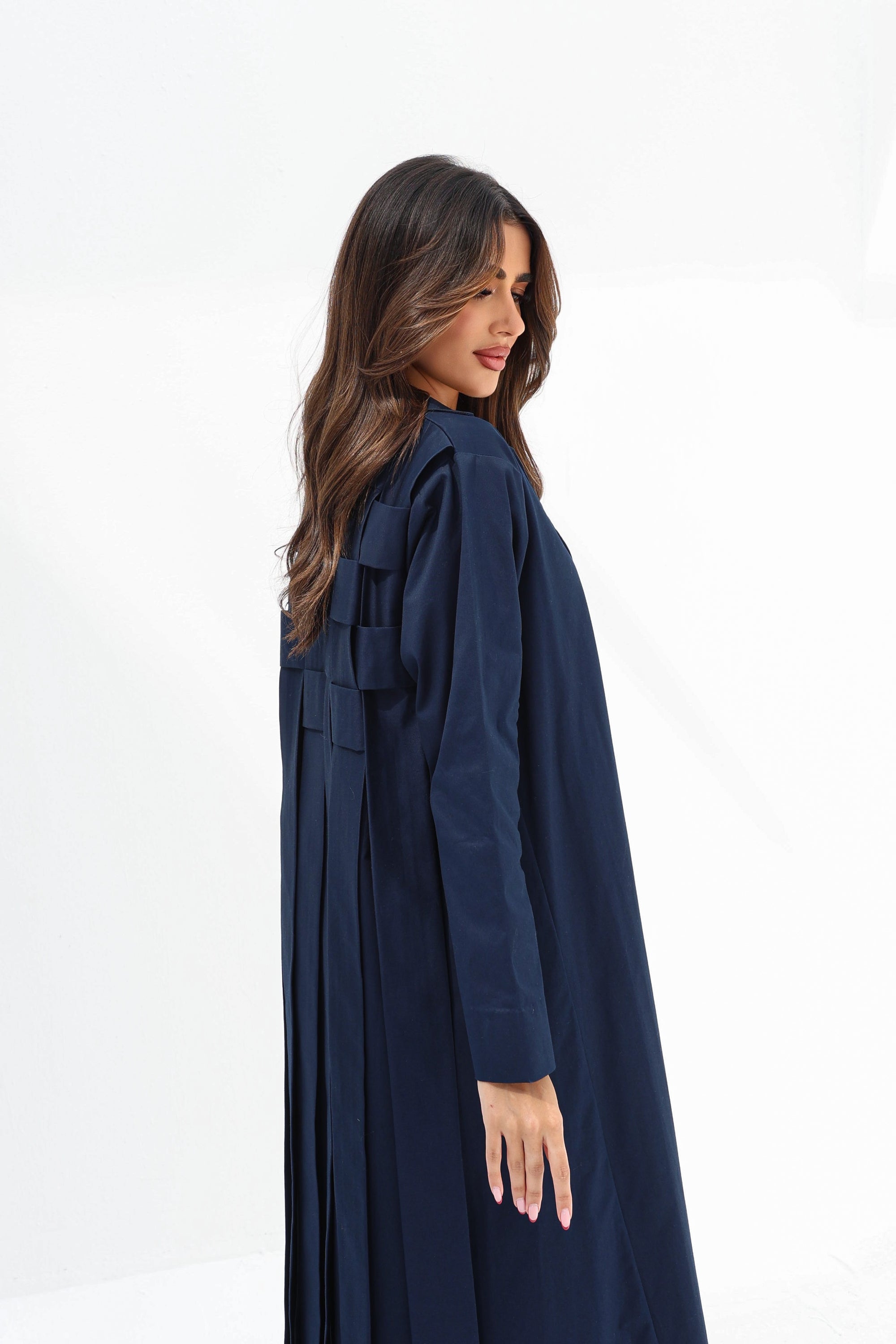 Side view of Navy Structured Pleated Abaya showing the flowing pleated panels