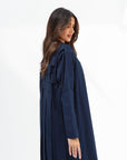 Side view of Navy Structured Pleated Abaya showing the flowing pleated panels