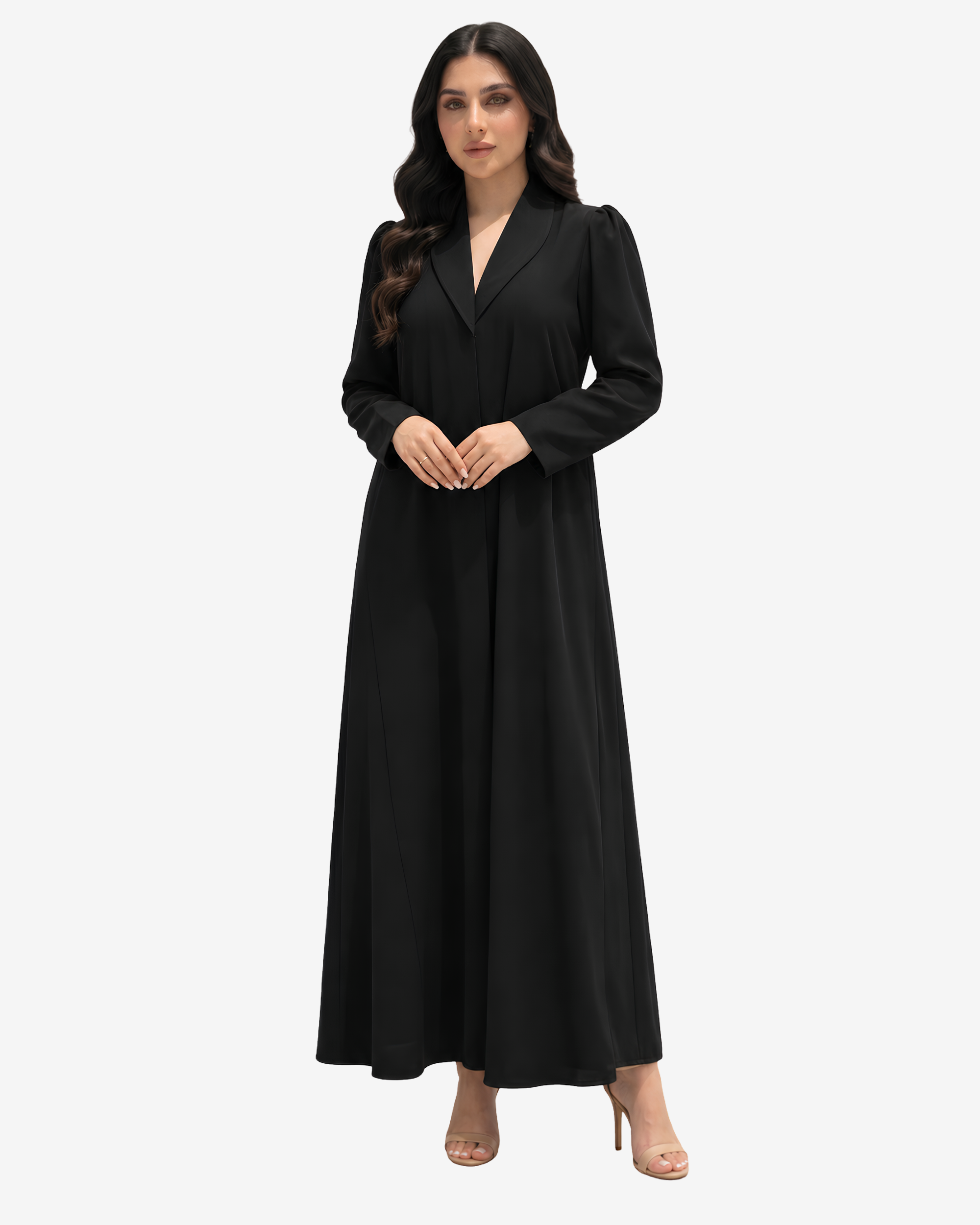 Noir Elegance Tailored Crepe Abaya by Gharza Couture in premium black crepe with a full-length modest silhouette and elegant shawl collar.