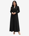 Noir Elegance Tailored Crepe Abaya by Gharza Couture in premium black crepe with a full-length modest silhouette and elegant shawl collar.